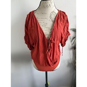 Free People Orange Bodysuit Top Tie‎ Front Blouse Short Sleeve Womens